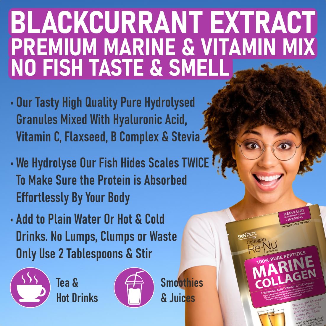 Premium Hydrolysed Marine Collagen Peptide Powder + VIT C, B Complex Hyaluronic Acid, & Stevia. Delicious Taste/No Fishy Smell - SkinPep® Collagen Re-Nu 70g