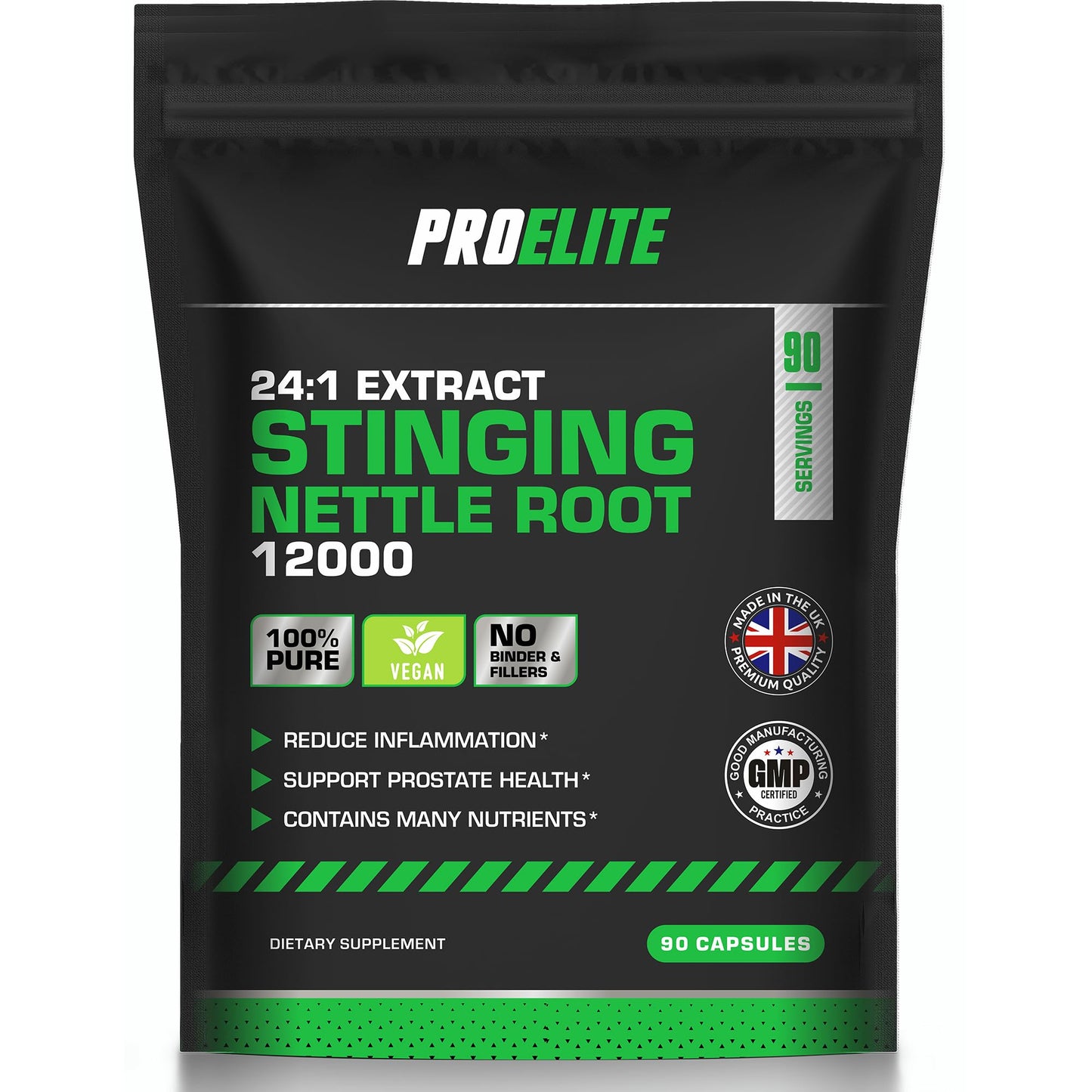 Stinging Nettle Root | 90 Capsules Vegan - 24:1 Extract 12,000mg Nettle Root per Capsule | High Strength Stinging Nettle Alternative to Powder NO Fillers & Binders | Made in UK by PROELITE