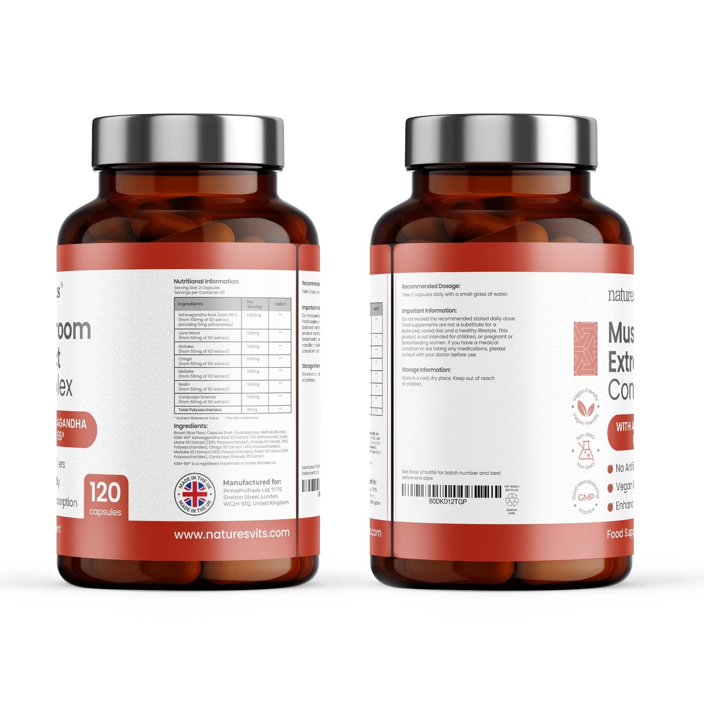 NaturesVits 6 Mushroom Supplement with Ashwagandha, 120 Capsules - Lions Mane, Cordyceps, Shiitake, Reishi, Chaga and Maitake - Complex Mood, Focus and Brain Support Herbal Nootropic - 40% Polysaccharides
