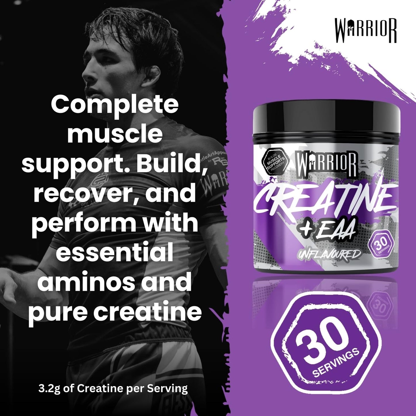Warrior Creatine Monohydrate Plus EAA – 30 Servings Muscle Recovery & Support Formula with Performance Supplement Essential Amino Acid Powder Pre and Post Workout 270g Unflavoured