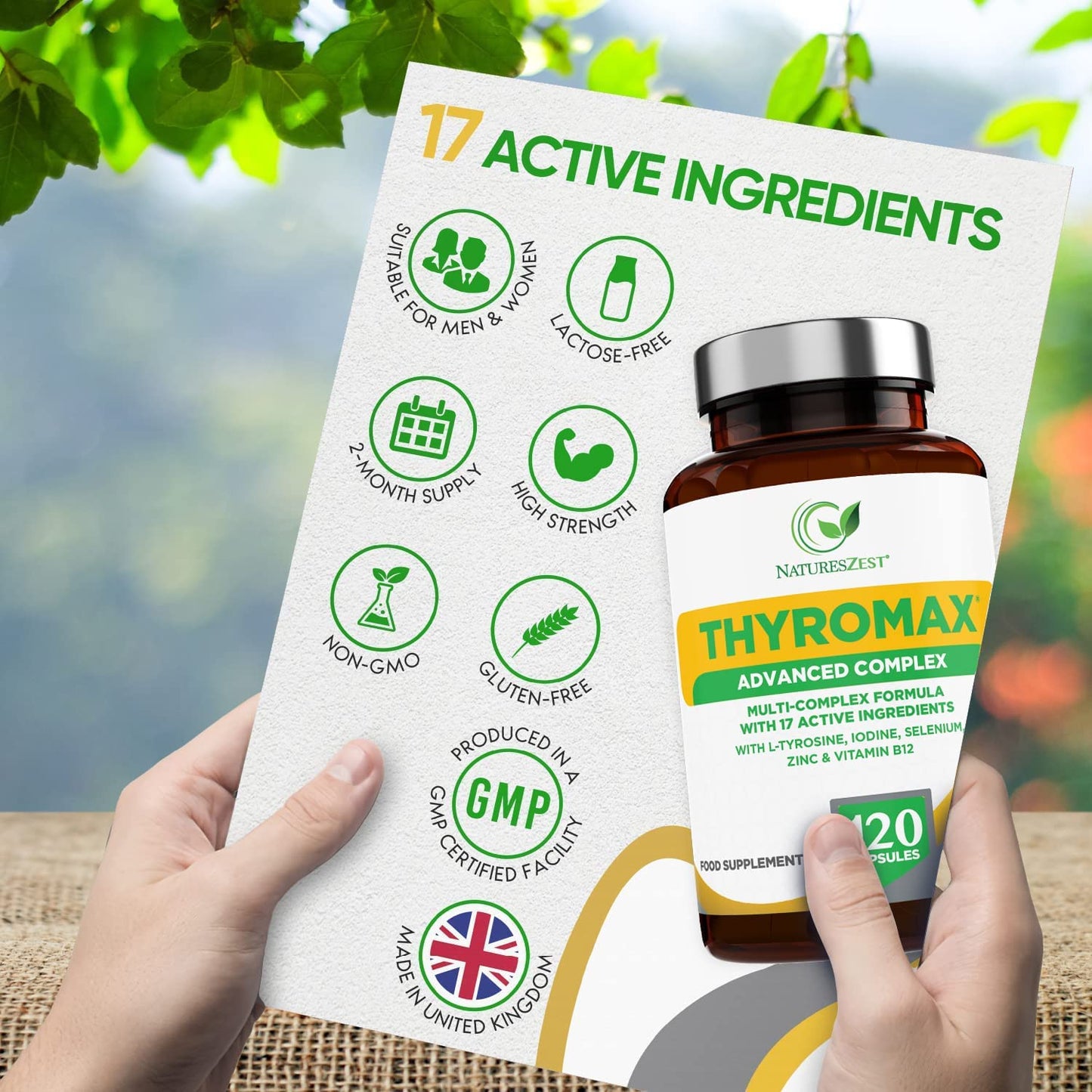 Natures Zest ThyroMax - Thyroid Support Supplement - 120 Vegan Capsules - 17 Active Ingredients Including Iodine, L-Tyrosine, Ashwagandha, B12 and Zinc - UK Made, 2 Month's Supply