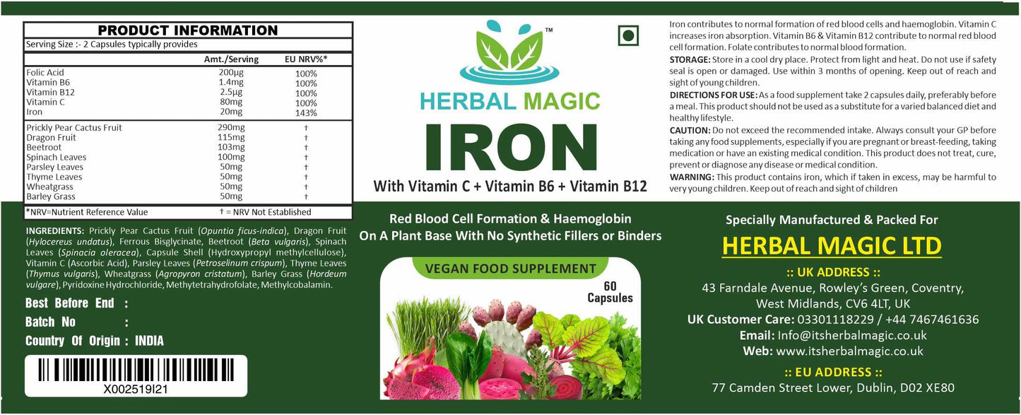 Herbal Magic Iron with Vitamin C, B6 & B12 – 60 Capsules, Vegan Food Supplement for Energy & Wellness, Non-GMO