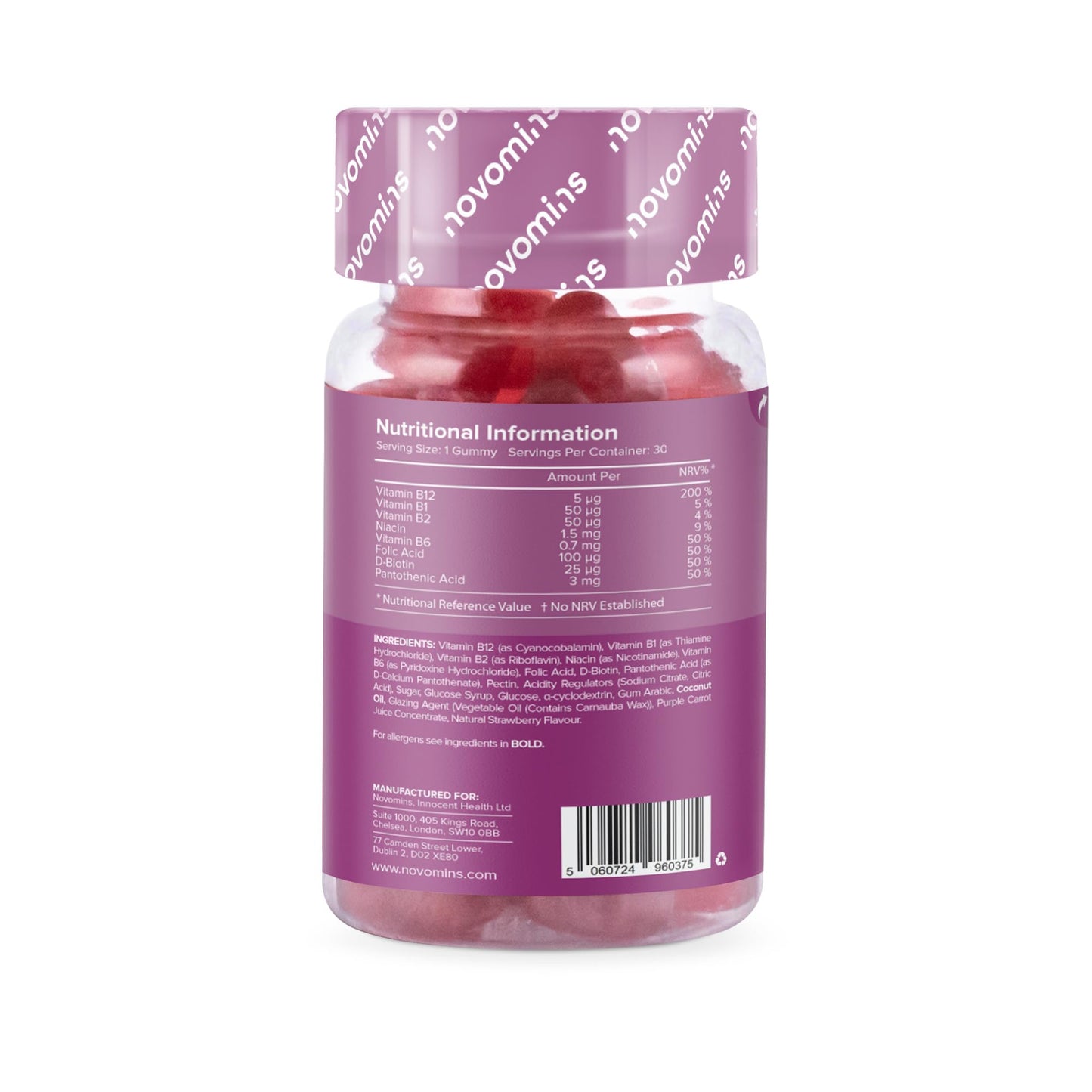 Kids Vitamin B12 Gummies - Energy & Metabolism Support Supplement - 30 Chewable Childrens B Complex Supplements – Vegan, Non-GMO - Enriched with Vitamin C, B1, B2, B6, Biotin - Made by Novomins