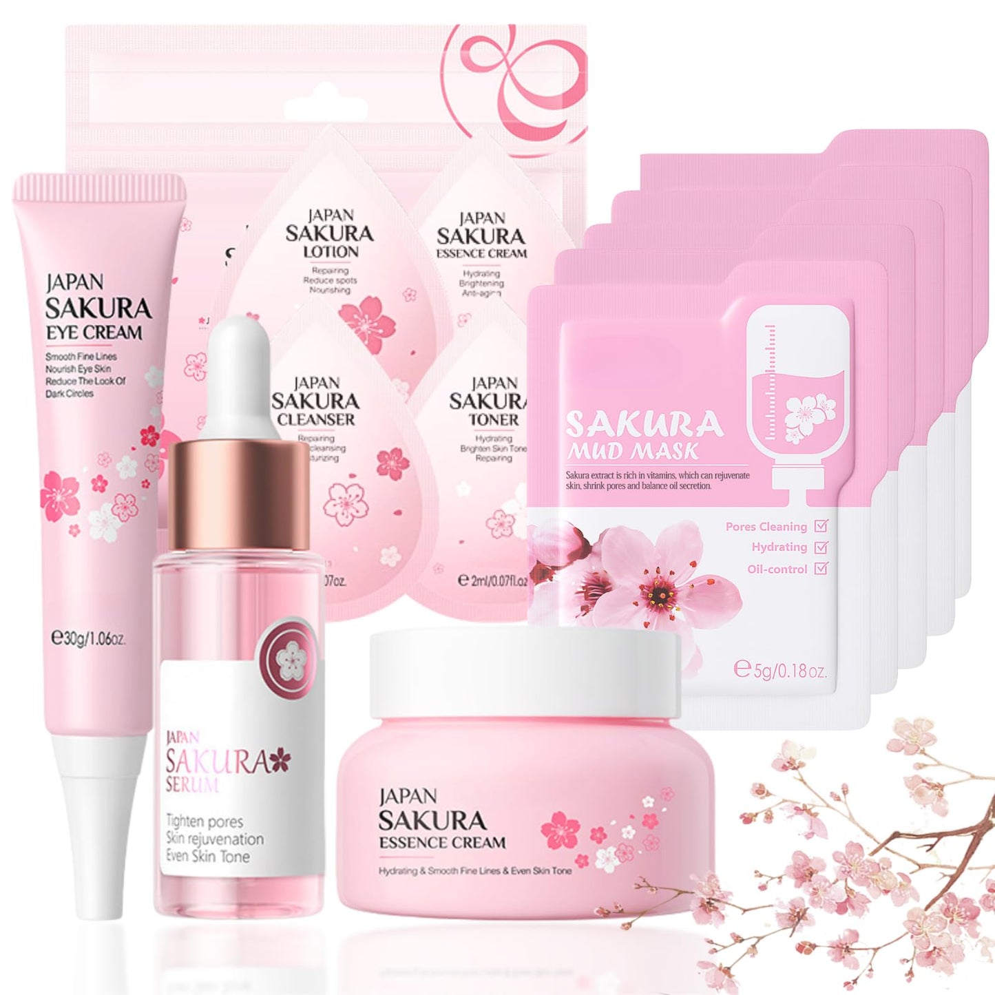 IZBEAUVO 28Pcs Sakura Skincare Gift Set, Refreshing Cherry Blossom Pamper Kit, Sakura Beauty Gift for Women, Japanese Cherry Blossom Skincare Set, Eye Cream, Face Serum & Cream, 5 Hydrating Set & 5 Mud Masks