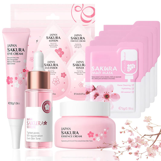 IZBEAUVO 28Pcs Sakura Skincare Gift Set, Refreshing Cherry Blossom Pamper Kit, Sakura Beauty Gift for Women, Japanese Cherry Blossom Skincare Set, Eye Cream, Face Serum & Cream, 5 Hydrating Set & 5 Mud Masks