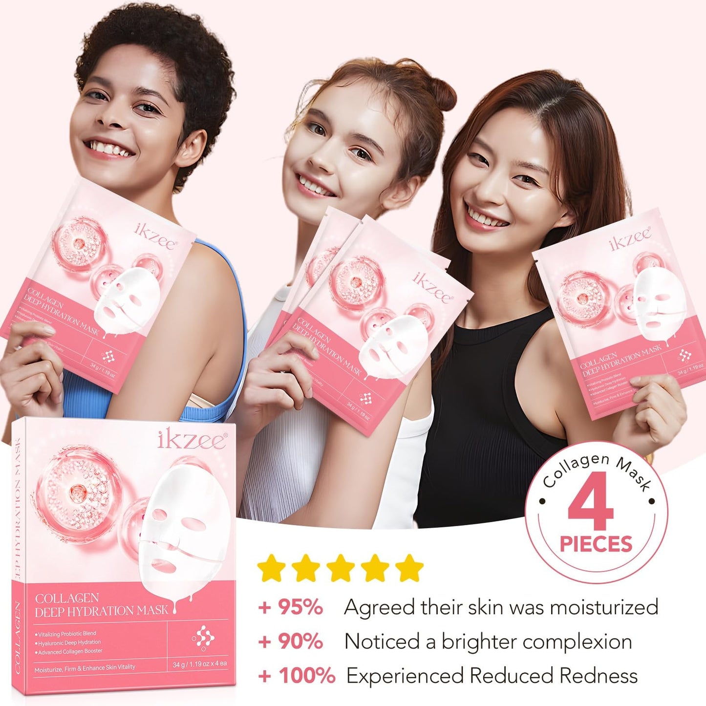 GUOUURR Bio-Collagen Deep Hydration Mask, Deep Moisturising, Anti-wrinkle, Soothing and Repairing, Firming, Improving Elasticity, Minimising Pores, Brightening, For All Skin Types(4 pcs)