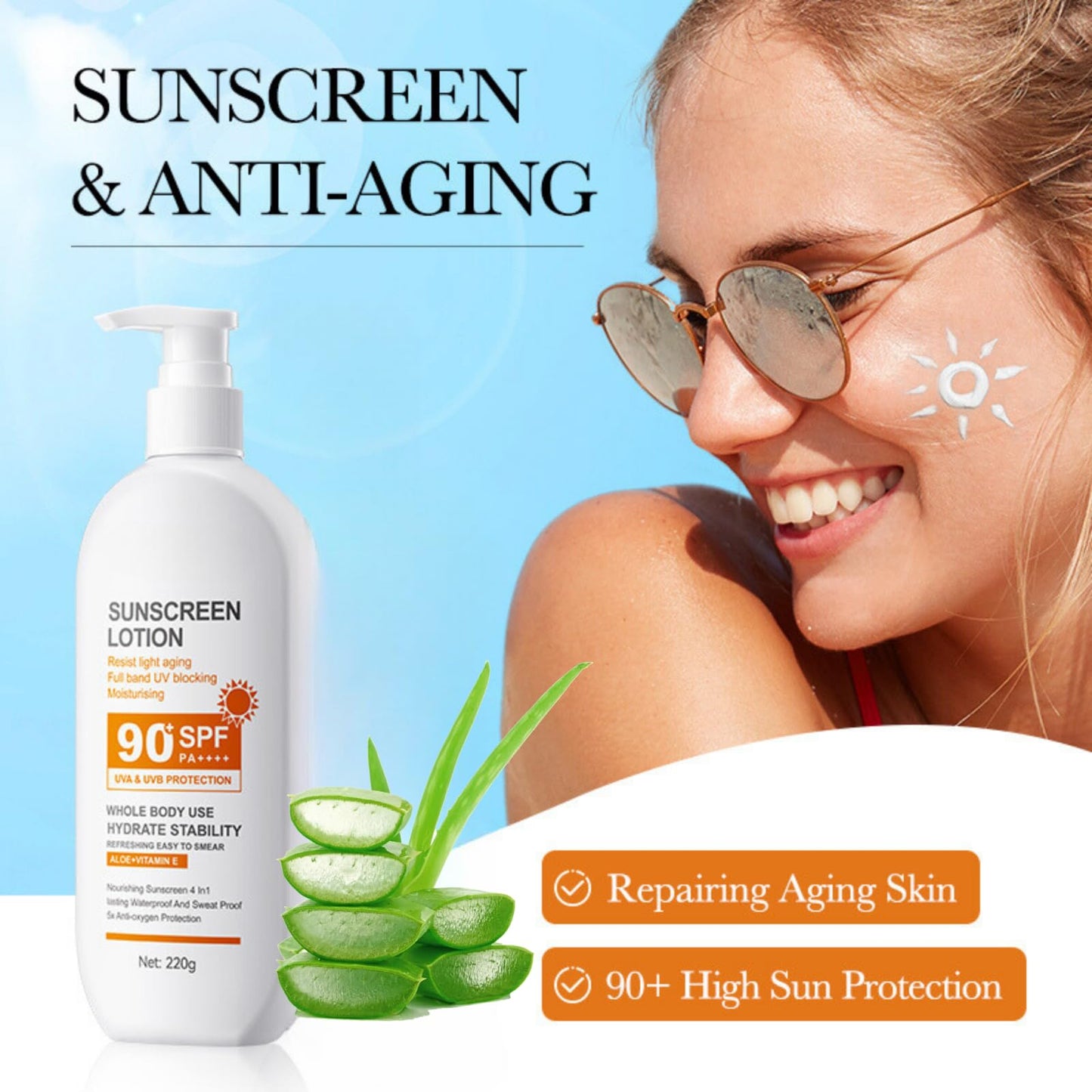 Trendyfave Sunscreen SPF 90+, Face Sunscreen SPF 90, Large-capacity Body Sunscreen, Sun Cream SPF 90 PA+++, Ultra Light UV Protetion, Water & Sweat Resistant, Moisturizing & Non Greasy 220g
