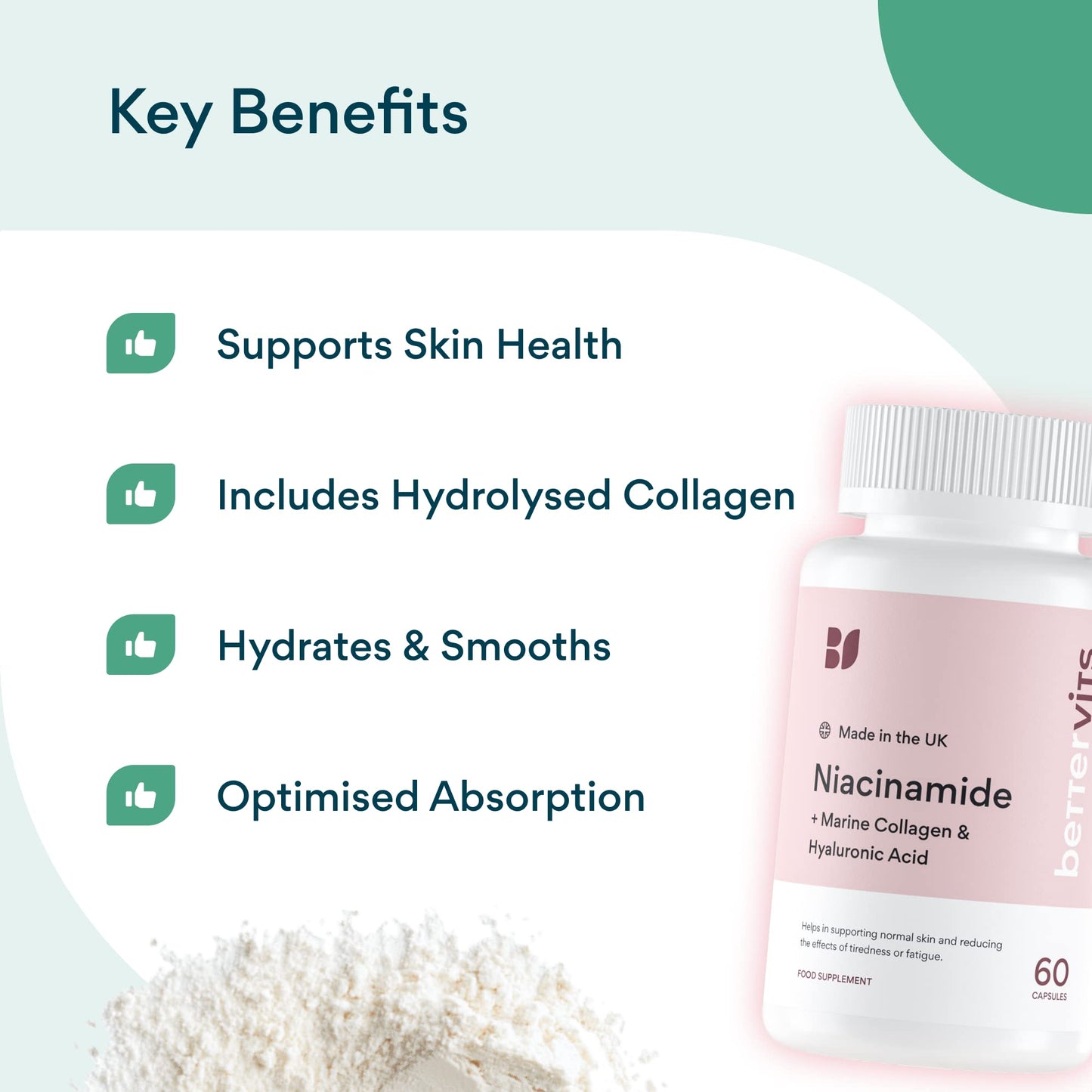 Bettervits Niacinamide Complex | Full Skin Coverage | Hair & Nails | Smooths & Hydrates | with Marine Collagen & Hyaluronic Acid