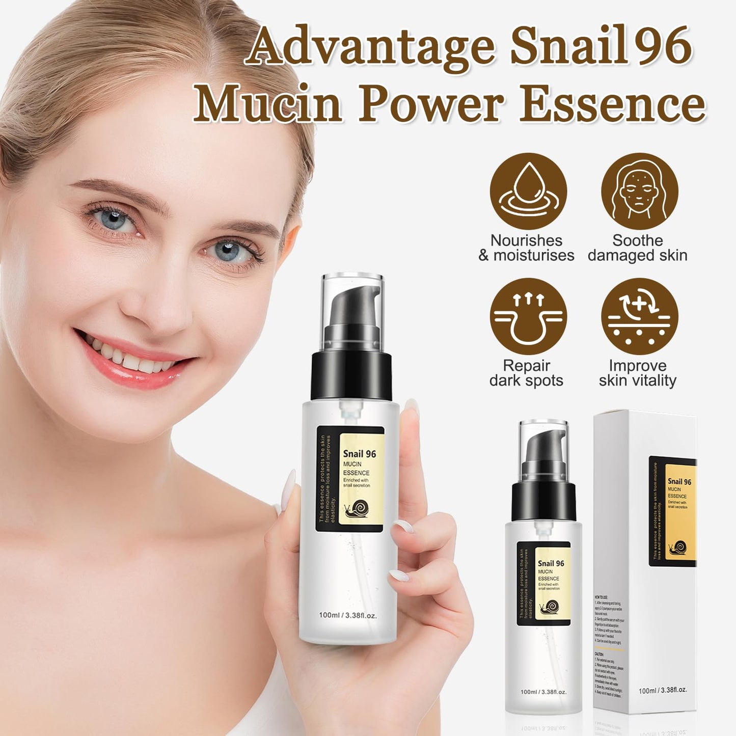 Ledeak Snail Mucin Essence, 96% Hydrating Serum with Hyaluronic Acid, Korean Skincare, Snail Protein Essence, Repairing & Brightening Face Serum for Dull & Damaged Skin,100ml