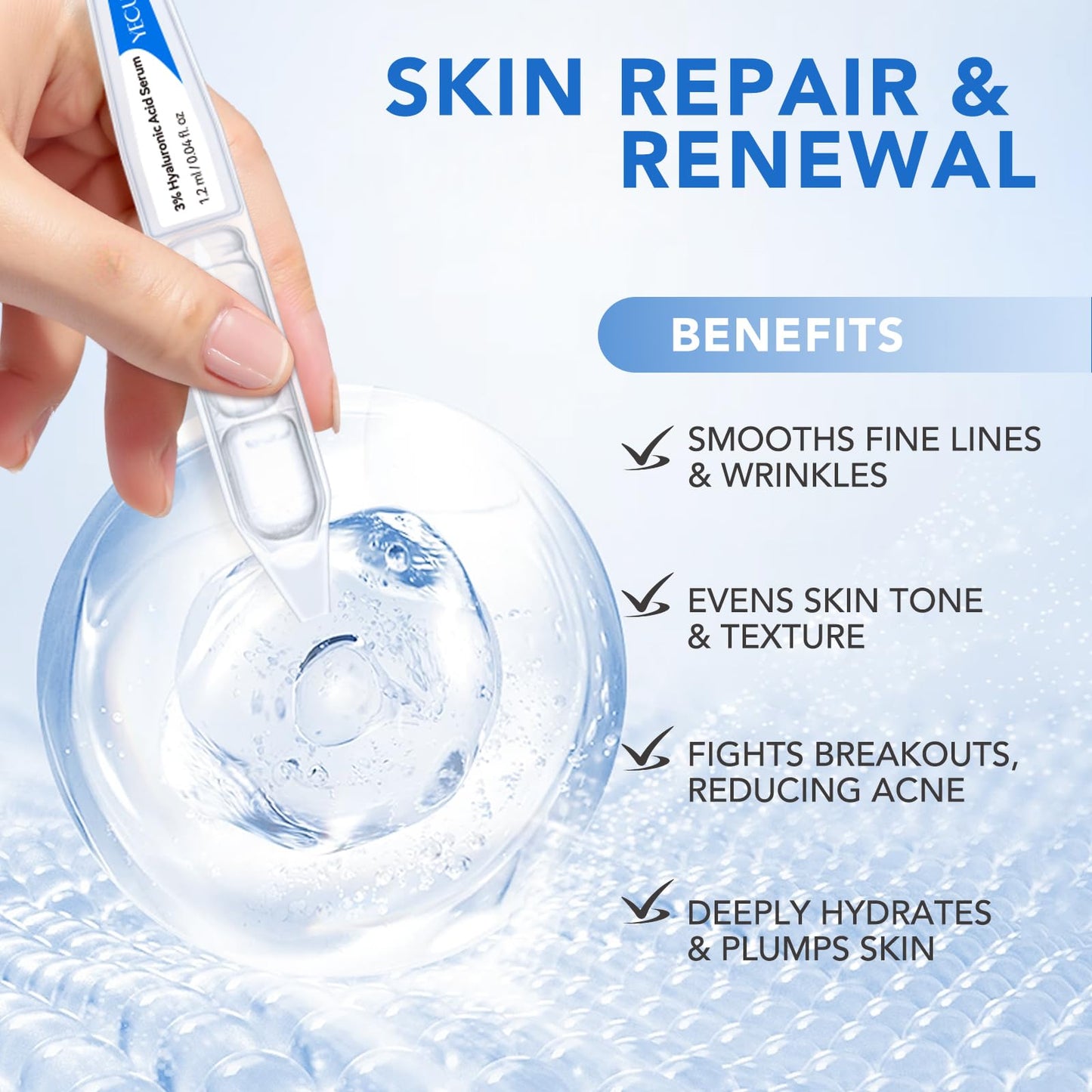 Uocasi Hyaluronic Acid Tubes, 3% Hyaluronic Acid Serum Ultra-Hydrating Vials for face & Skin | Pre-makeup SkinCare | Anti-Aging serum for Sensitive skin, Deep Moisturizing Facial Serum - 30Pcs/Box