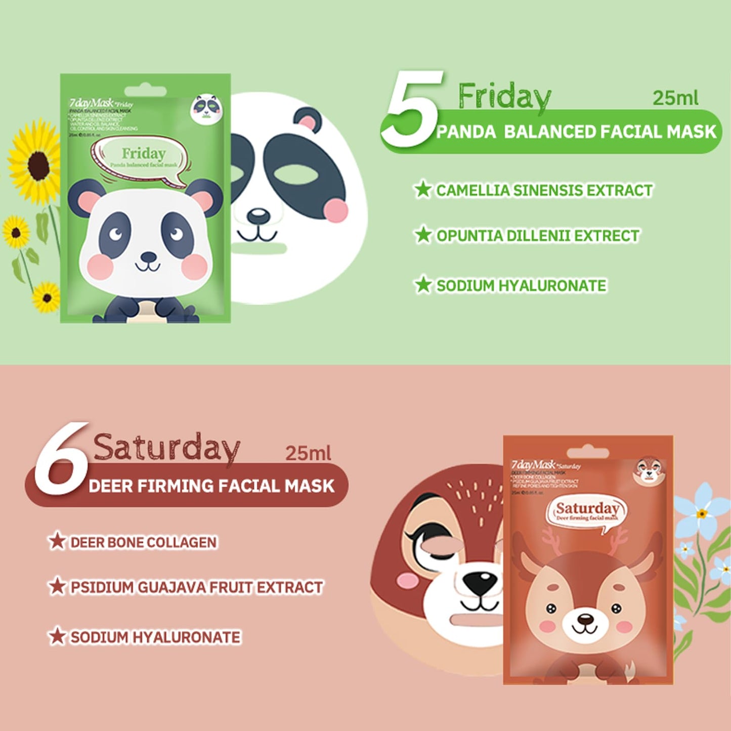 Shengqialun Face Masks Skincare - 7 Sheet Face Mask - Face Mask Set Hydrating and Smoothing Improve Dullness - Fun Animal Printed Facial Mask Gifts for Teenage Girls