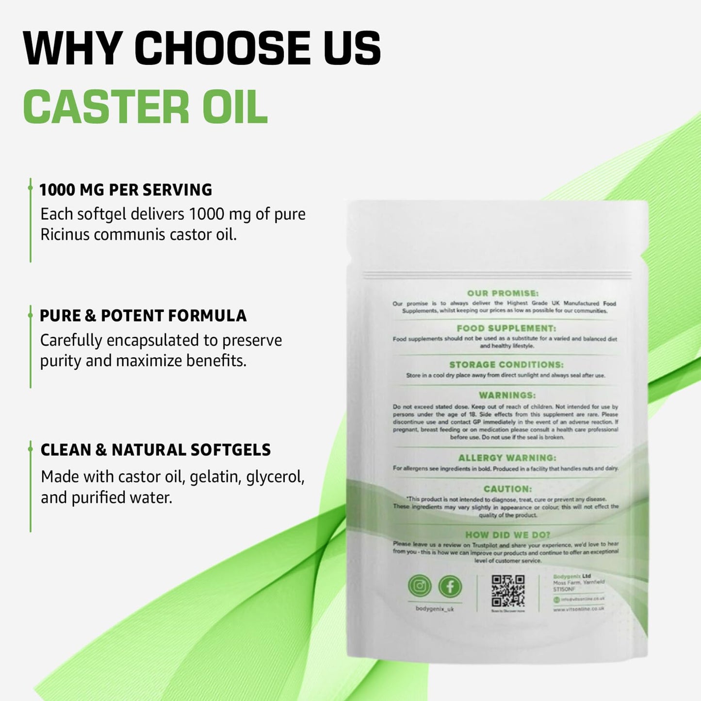 Bodygenix Castor Oil 1000mg Softgel - Supports Immune System Skin Hair Health Joint Wellness Relief Natural Health Supplement - 30 Softgels, 1 Month Supply
