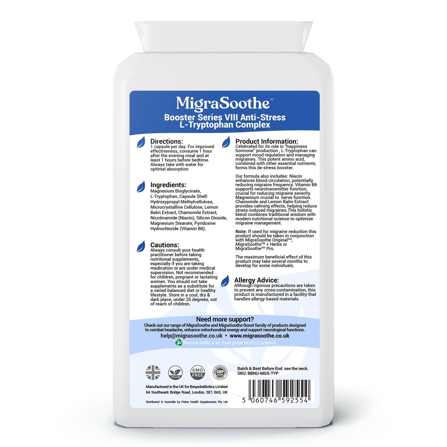 MIGRASOOTHE MigraSoothe L-Tryptophan Complex Booster Series VIII – Anti-Stress Formula for Migraine Calm and Relaxation – 120 Vegan Capsules (120)