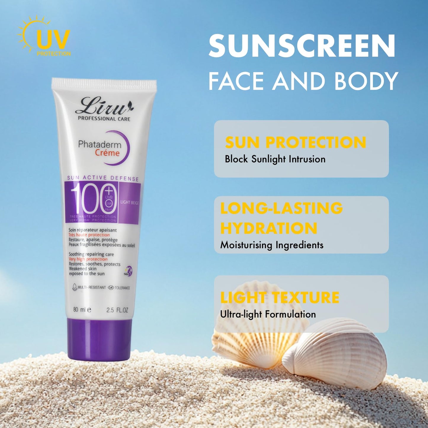 CTUBLIAUNX Spf 100 Sunscreen, Broad Spectrum UV Protection for Face & Body, Long-Lasting Hydration, Lightweight and Non-Greasy Formula, Sweat & Water Resistant Sun Cream