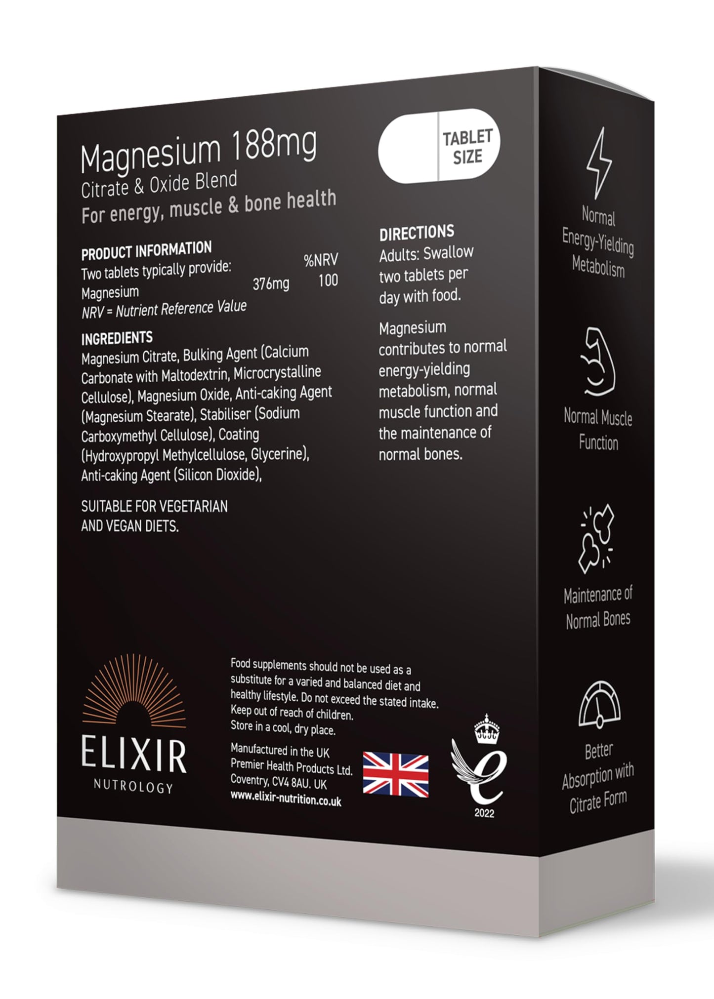 ELIXIR NUTROLOGY Magnesium 188mg Tablets | Supports Energy Metabolism & Muscle Function | Helps Maintain Normal Bones & Reduce Tiredness | Dual Source Magnesium Citrate & Oxide | 30 Vegan Tablets | UK Made