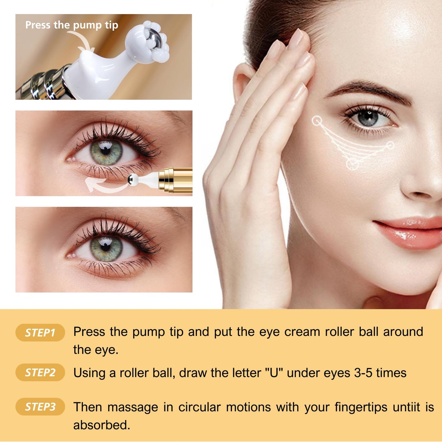 Trendyfave Golden Caffeine Eye Serum, Eye Cream With Palmitoyl Peptide, Caffeine Eye Cream For Dark Circles And Puffiness, Eye Care Eye Cream Anti Aging With 360°Massage Ball Reduce Eye Bags, Fine Lines