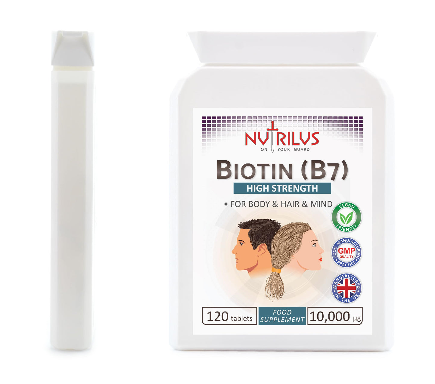 Nutrilus Biotin 120 Tablets 10,000µg - High Dose - Active D-Biotin - One-a-Day - Hair, Skin - Metabolism - Energy