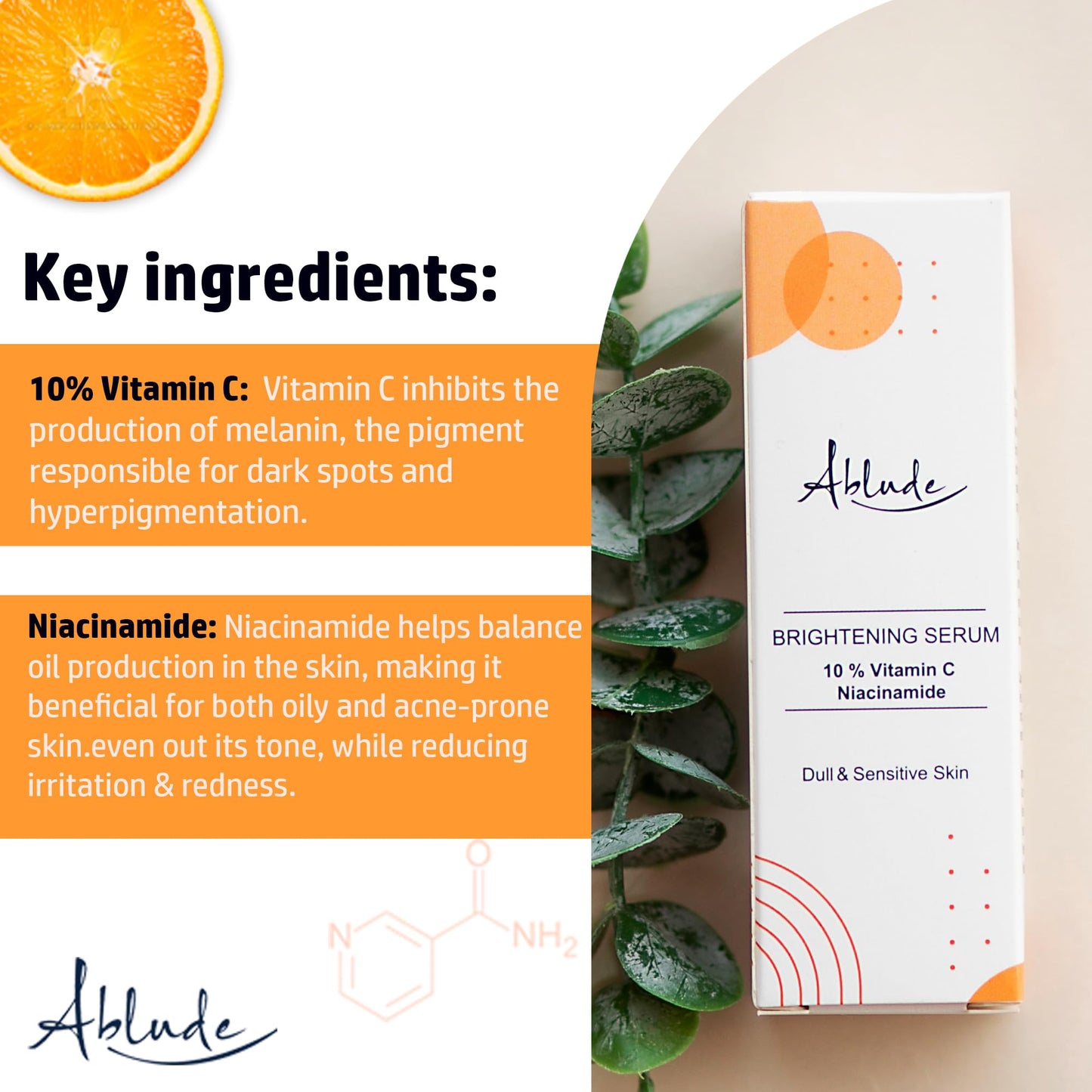 Ablude Skin Brightening Serum with Vitamin C & Niacinamide - Glow Serum for Men & Women - Skin Serum for Smooth, Firm & Youthful Complexion (30ml)