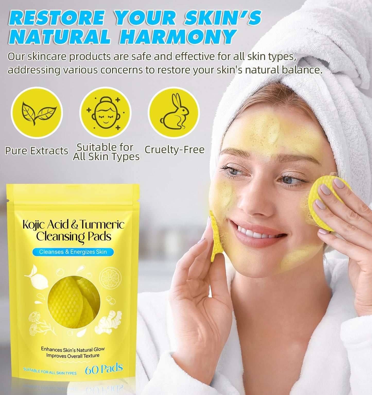 Generic Kojic Acid and Turmeric Pads,Turmeric kojic Acid Pads, Turmeric and Kojic Acid Cleansing Pads for Face, Turmeric Cleansing Pads for Dark spots, Exfoliating, Acne Scars (60 PCS)