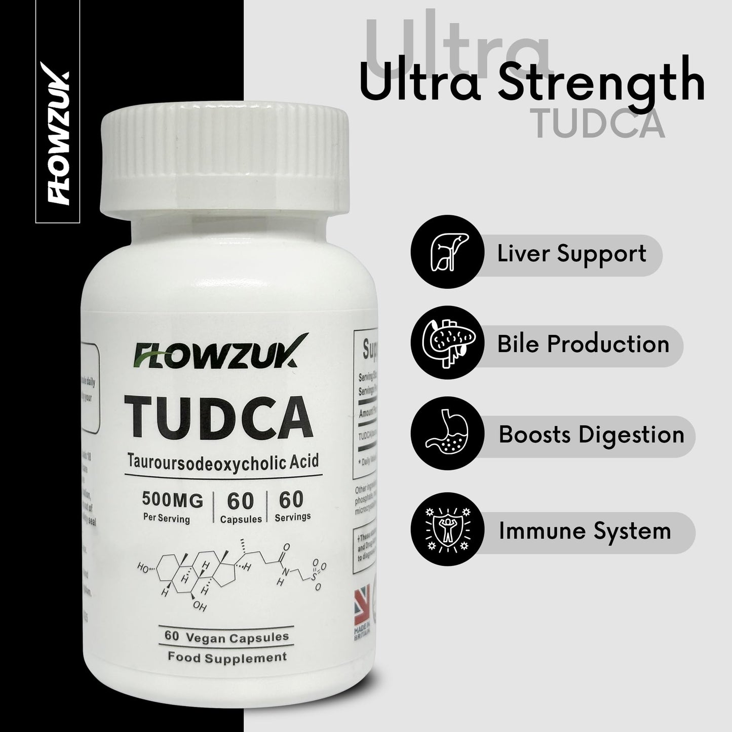FLOWZUK TUDCA High Strength 60 Capsules - Tauroursodeoxycholic Acid, Liver Support Supplement, Enhances Proper Bile Production, Boosts Digestion and Immune System Support Flowzuk