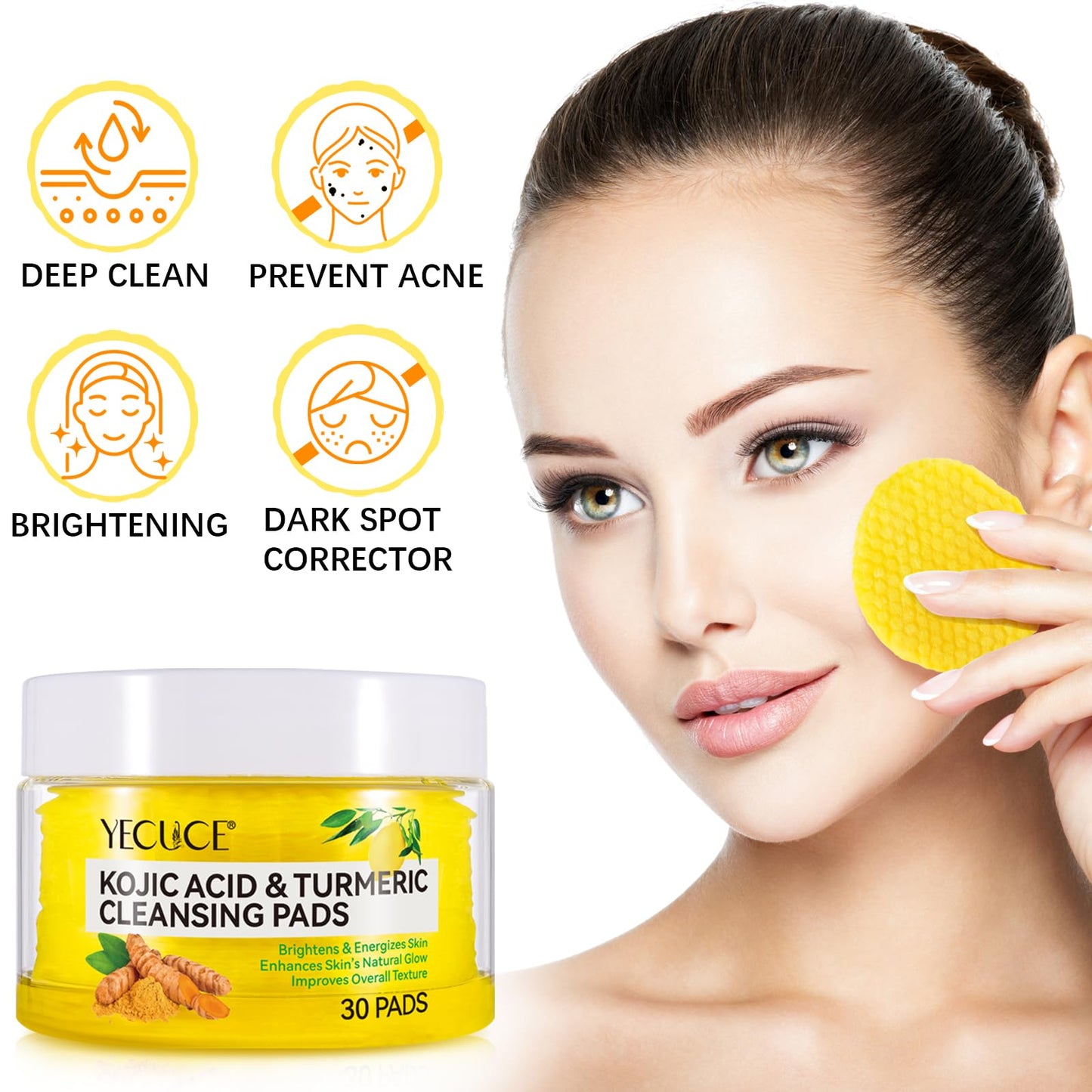 Kojic Acid Cleansing Pads,Kojic Acid and Turmeric Cleansing Pads for Face & Body,Helps Balance Skin Oil And Water, Gentle & Non-Irritating,Natural Ingredients,All Skin Types(30Pads)