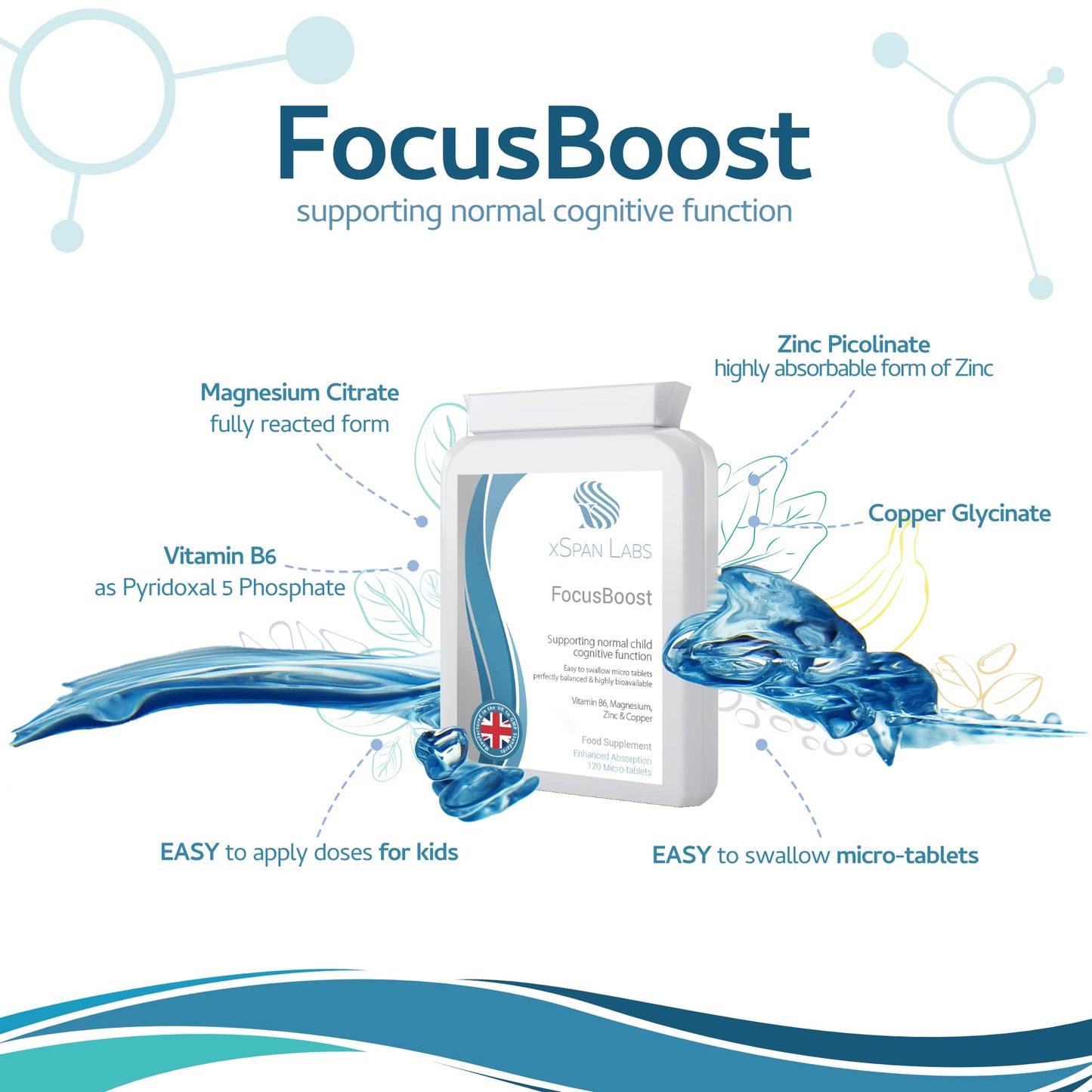 Xspan Labs FocusBoost 120 Highly bioavailable Micro-Tablets - Magnesium Citrate, Zinc Picolinate, Copper Glycinate & Vitamin B6 Balanced for Children and Adults - Superior Absorption - Vegan Friendly - UK Made