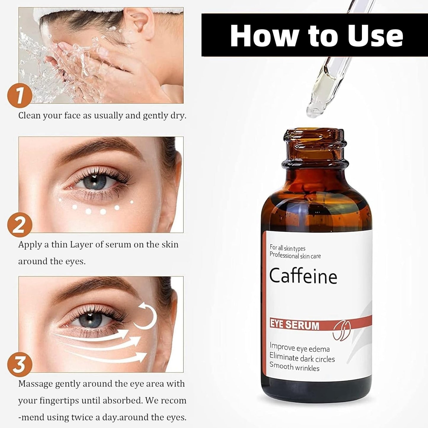 Jinjiar Caffeine & Hyaluronic Acid Under Eye Serum,Caffeine Eye Serum,Under Eye Cream for Dark Circles and Puffy Eyes,Eye Serum for Dark Circles,Eye Cream Anti Aging,Firming Eye Cream,Under Eye Treatment