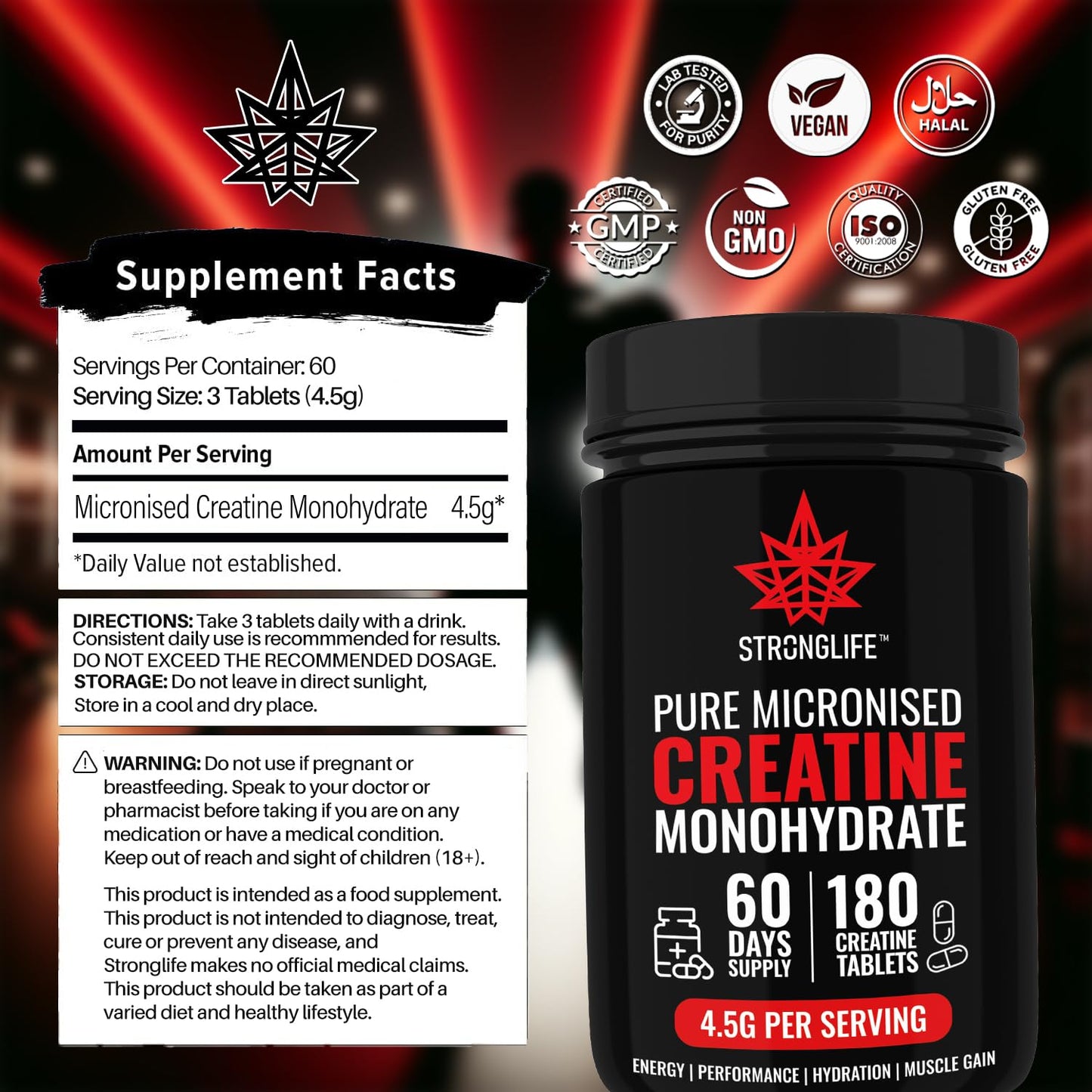 Stronglife Creatine Tablets - 180 Tablets, 4500mg Daily Serving, 1500mg per Tablet, 60-Day Supply, Monohydrate Micronised for Optimal Absorption, Boosts Muscle Growth, Performance, Energy & Hydration