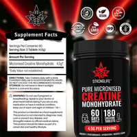 Stronglife Creatine Tablets - 180 Tablets, 4500mg Daily Serving, 1500mg per Tablet, 60-Day Supply, Monohydrate Micronised for Optimal Absorption, Boosts Muscle Growth, Performance, Energy & Hydration
