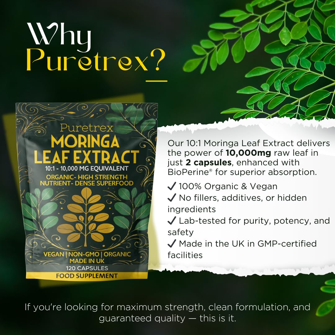Puretrex Moringa Leaf Extract 10,000mg | 120 Vegan Capsules | Organic, Non-GMO | High Strength Superfood Supplement | Made in UK | Natural Energy & Immunity Support
