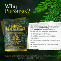 Puretrex Moringa Leaf Extract 10,000mg | 120 Vegan Capsules | Organic, Non-GMO | High Strength Superfood Supplement | Made in UK | Natural Energy & Immunity Support