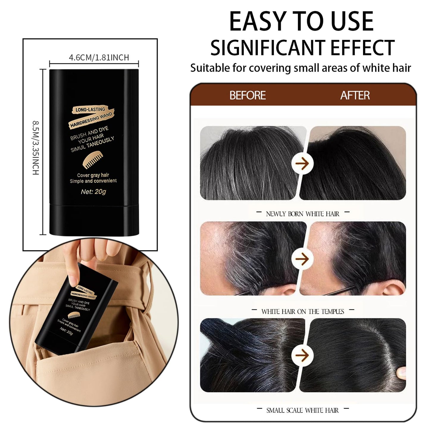 DMQ Temporary Hair Color Stick, 20G Black Hair Dye Comb,Instant Coverage, Quick Styling & Concealing, Portable Dye Comb For Travel Business Trips (Natural Black)