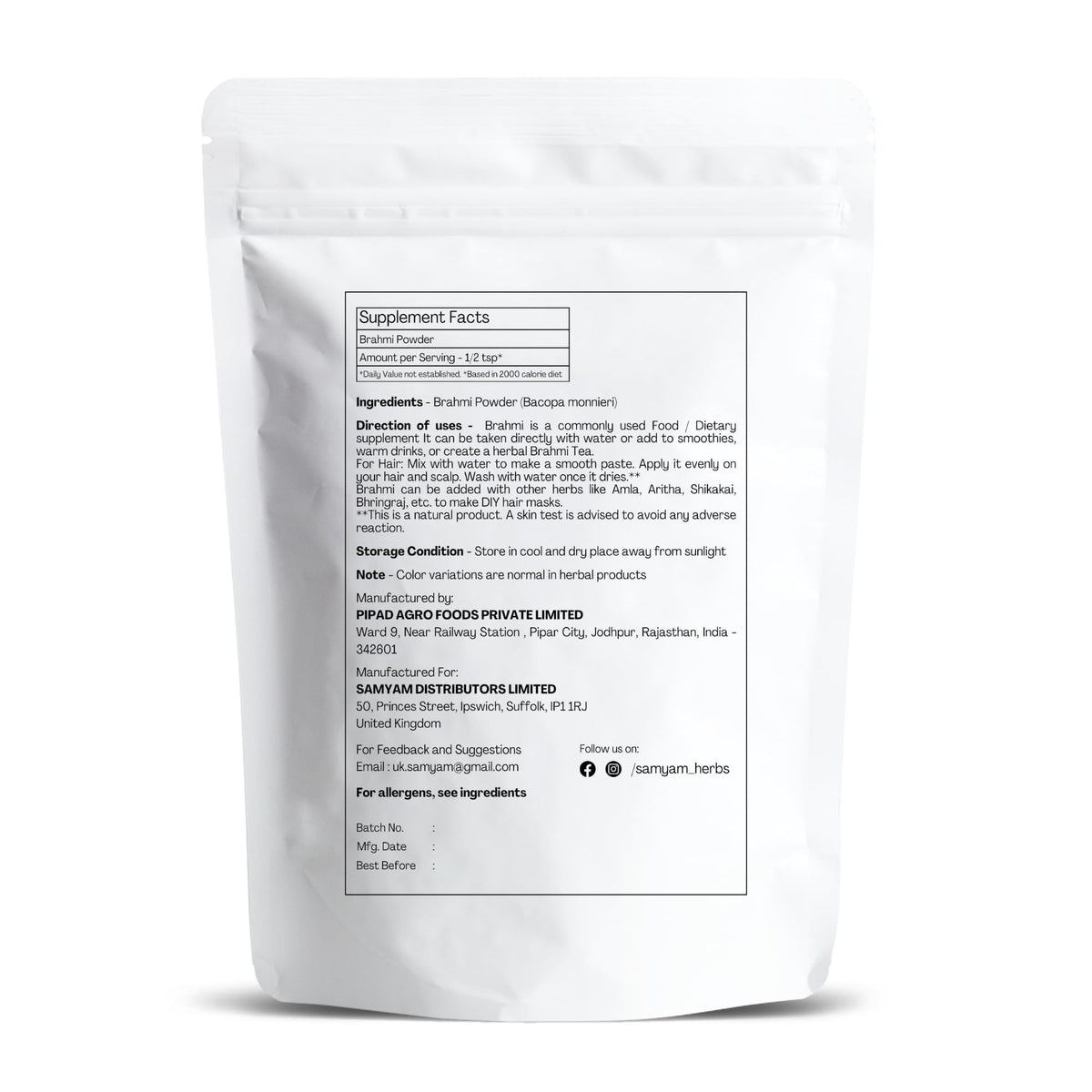 SAMYAM Brahmi Powder (Bacopa monnieri) - 500g Pack | for Memory, Intelligence and Concentration