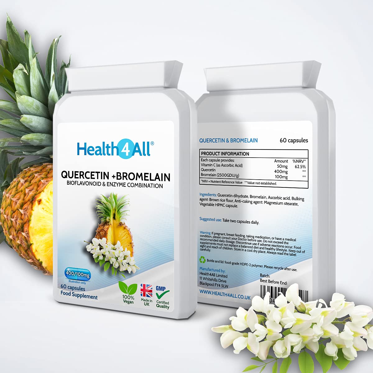 Health4All Quercetin 400mg + Bromelain 100mg 60 Capsules (V) Natural Antihistamine. Vegan Immune Support Supplement
