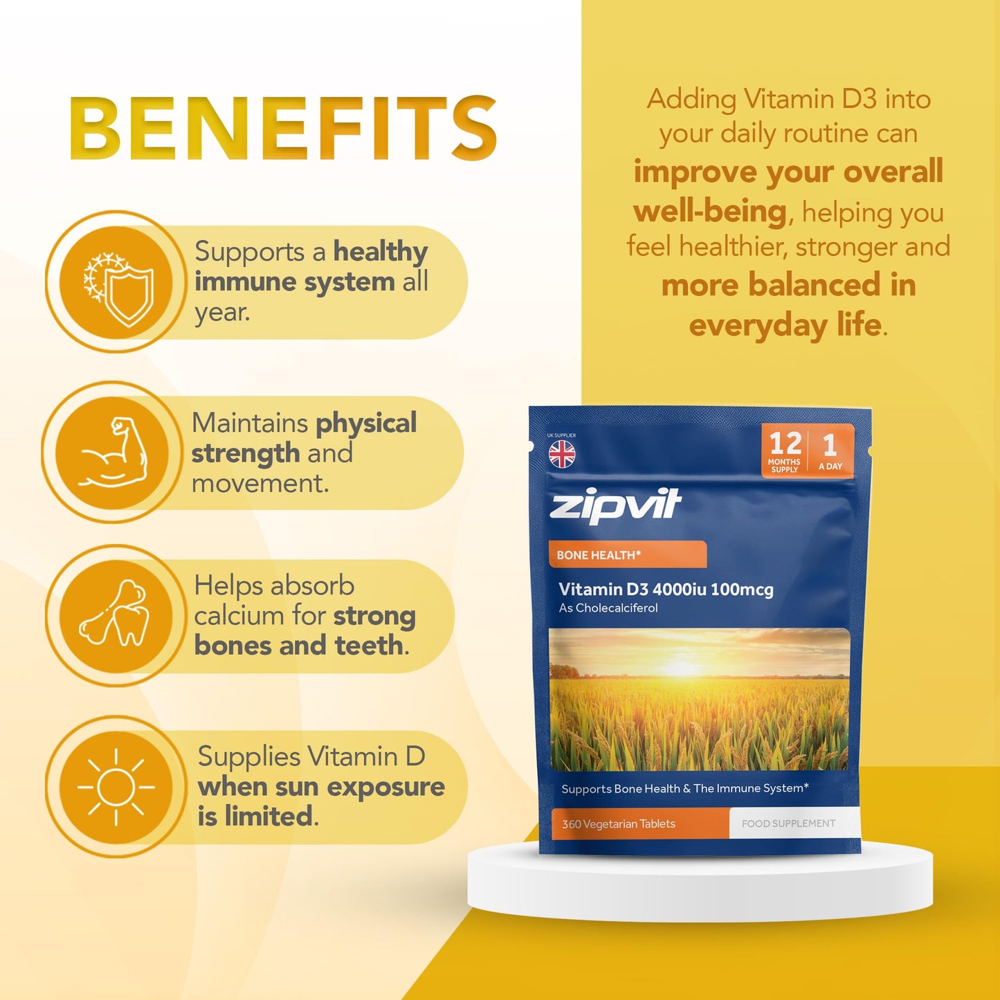 Zipvit Vitamin D3 4000 IU, 360 Maximum Strength Vitamin D Tablets, 12 Months Supply, Vegetarian, 1 a Day, VIT D3 As Cholecalciferol, Supports Bones Muscles, Immune System