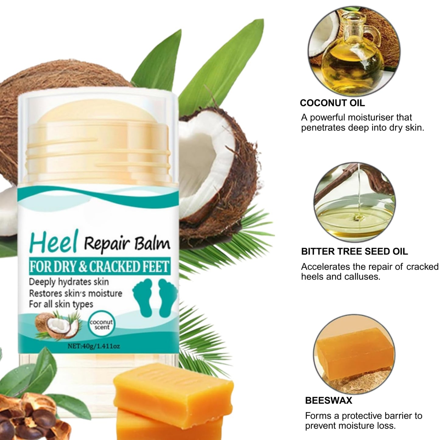 3PCS Heel Repair Balm - Coconut Oil Heel Balm Stick,Cracked Heel Repair Cream,Dry Skin Remover Feet, Foot Balm for Dry & Cracked,Deeply Hydrates Skin,Restores Skin Moisture,Foot Care