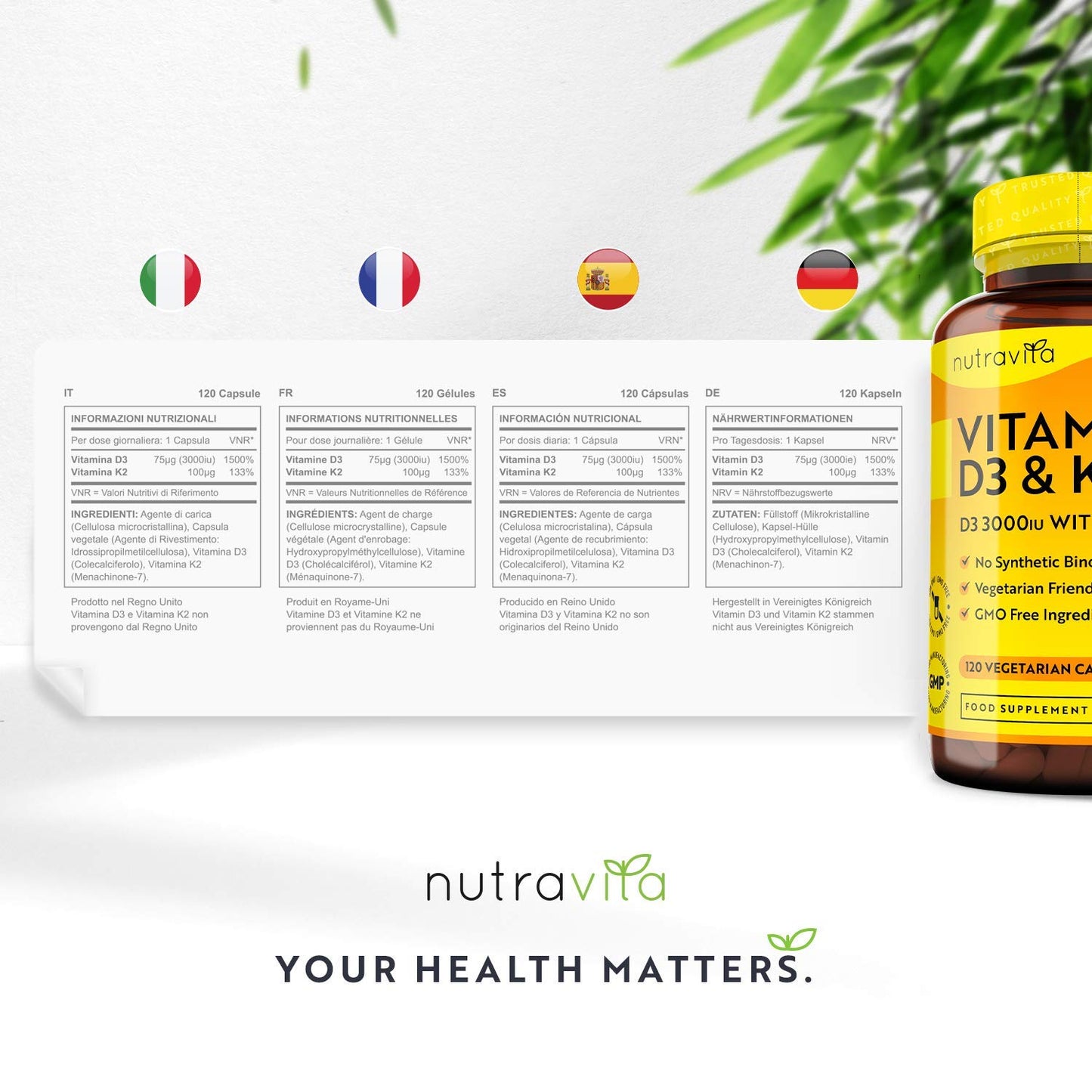 Vitamin D3 3000iu & K2 100ug (MK7) – 120 Vitamin D3 K2 Vegetarian Capsules – Supports Normal Bones, Muscles, Teeth and Immune System – Cholecalciferol & Menaquinone-7 – Made by Nutravita