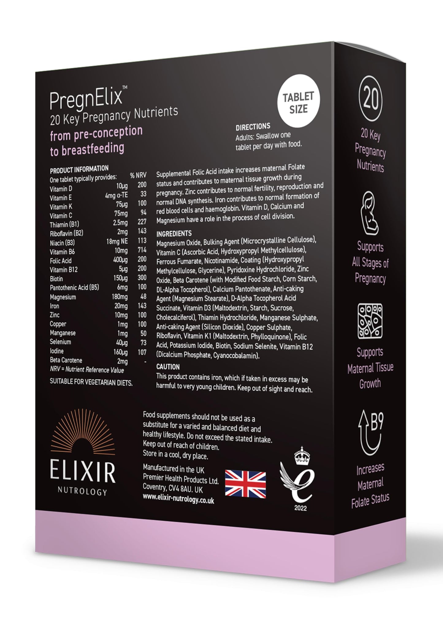 ELIXIR NUTROLOGY Pregnancy Multivitamin | 20 Essential Nutrients for Pregnancy Support | Folic Acid, Iron & Vitamin D | Supports Maternal Tissue Growth | Daily Prenatal Supplement | 30 Vegetarian Tablets | UK Made