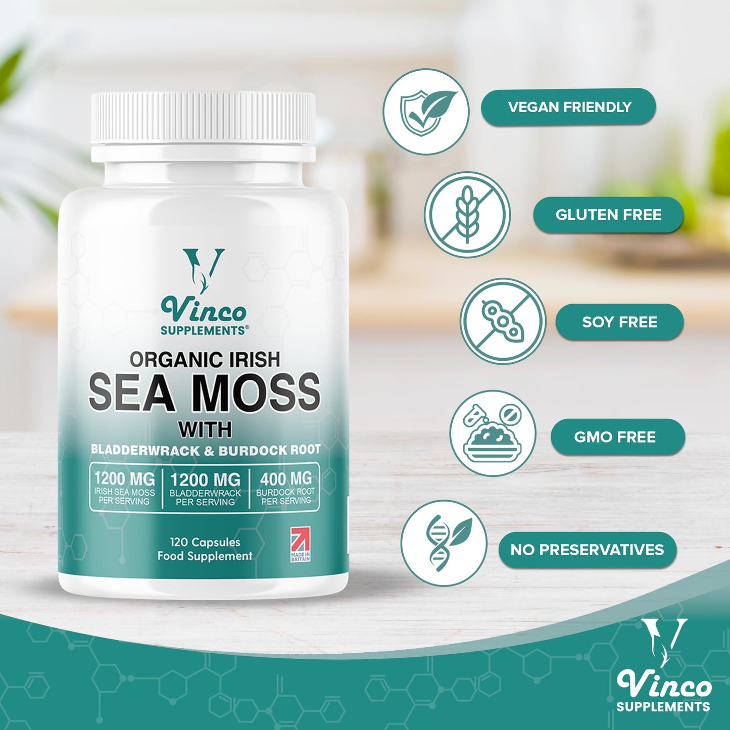 Vinco Supplements Organic Irish Sea Moss Capsules with Bladderwrack & Burdock Root - Sea Moss Supplement, Organic Sea Moss 1200mg, Bladderwrack 1200mg & Burdock 400mg per Serving - Gluten Free, Non-GMO (120 Capsules)