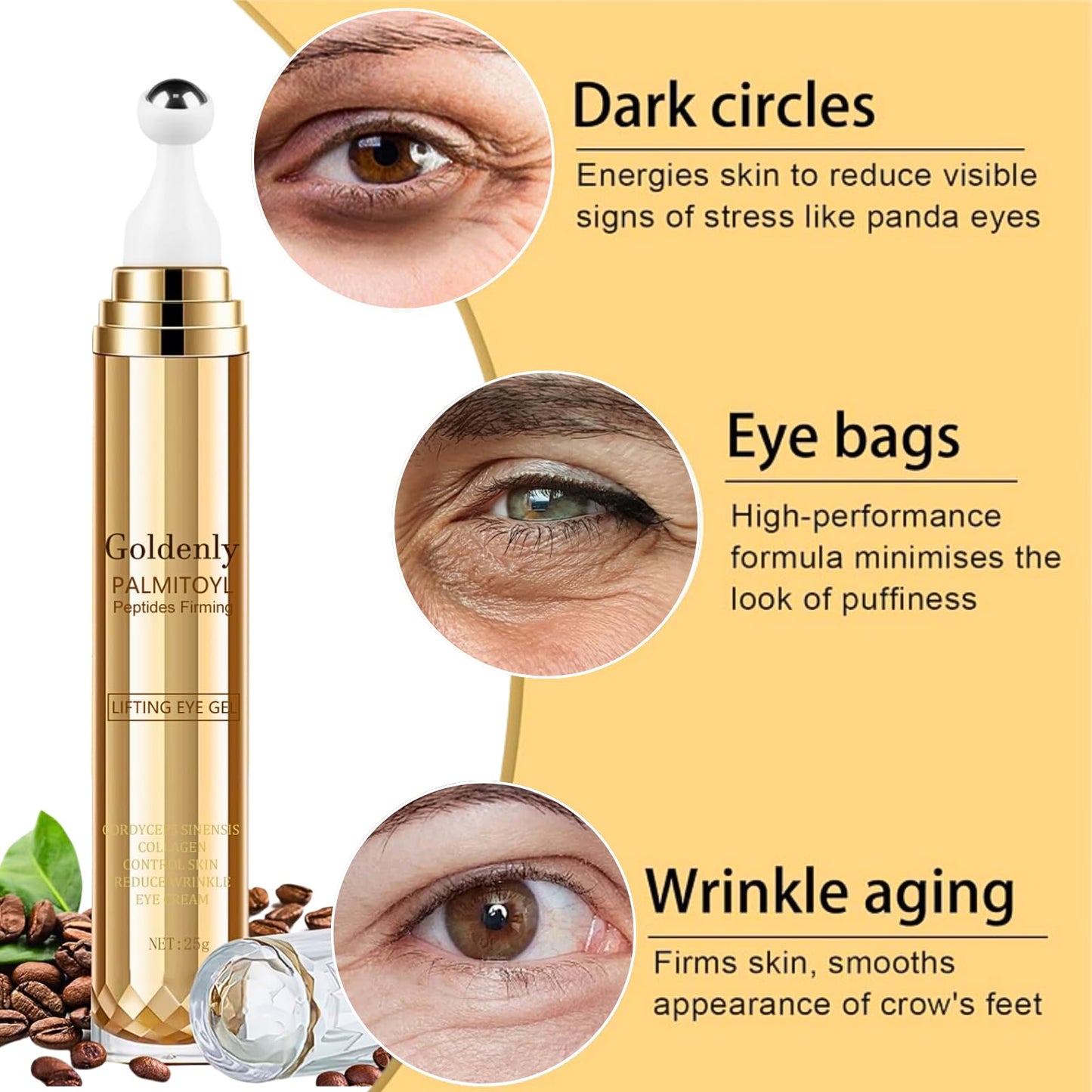 Trendyfave Golden Caffeine Eye Serum, Eye Cream With Palmitoyl Peptide, Caffeine Eye Cream For Dark Circles And Puffiness, Eye Care Eye Cream Anti Aging With 360°Massage Ball Reduce Eye Bags, Fine Lines