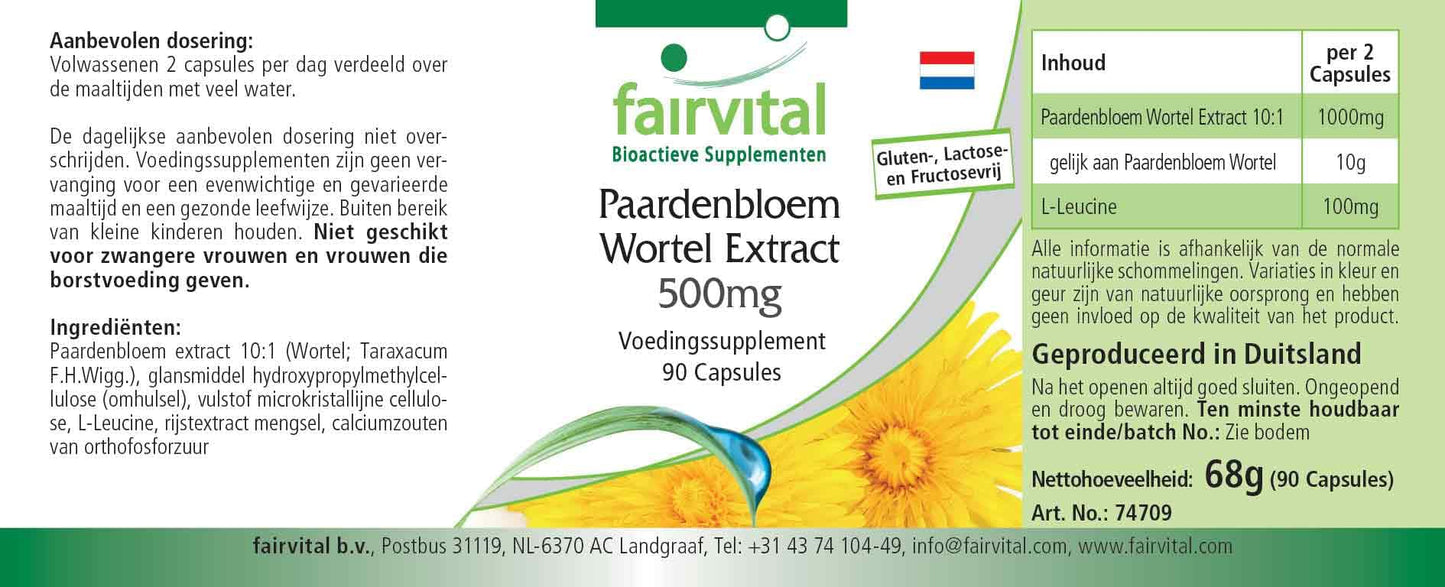 Fairvital | Dandelion Root Extract 500mg - Vegan - HIGH Dosage - 90 Capsules - 10-fold Concentrated