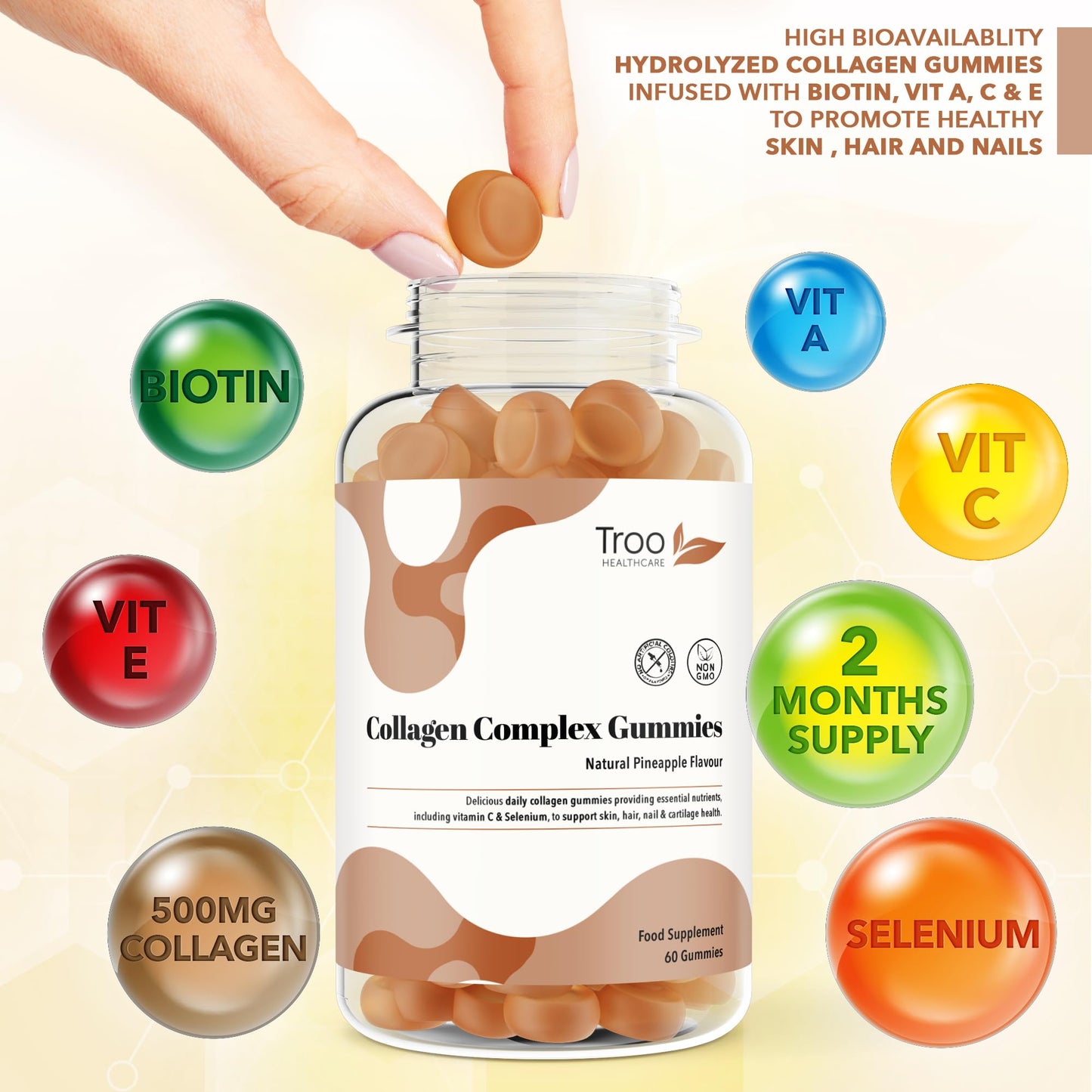 Troo Health Care Collagen Complex - 60 Natural Pineapple Flavour Chewable Gummies - One Per Day Hydrolysed Collagen with Biotin, Vitamin C and Selenium - Three Months Supply – Healthy Skin and Hair for Men and Women