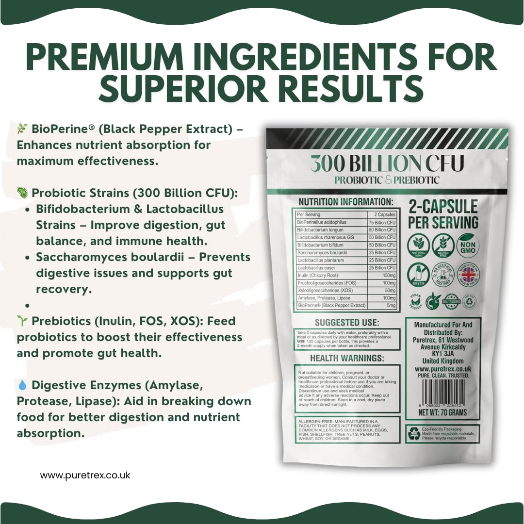 PURETREX 300 Billion CFU Probiotic & Prebiotic Multi-Strain Formula, Synbiotic Ultra, 120 Capsules