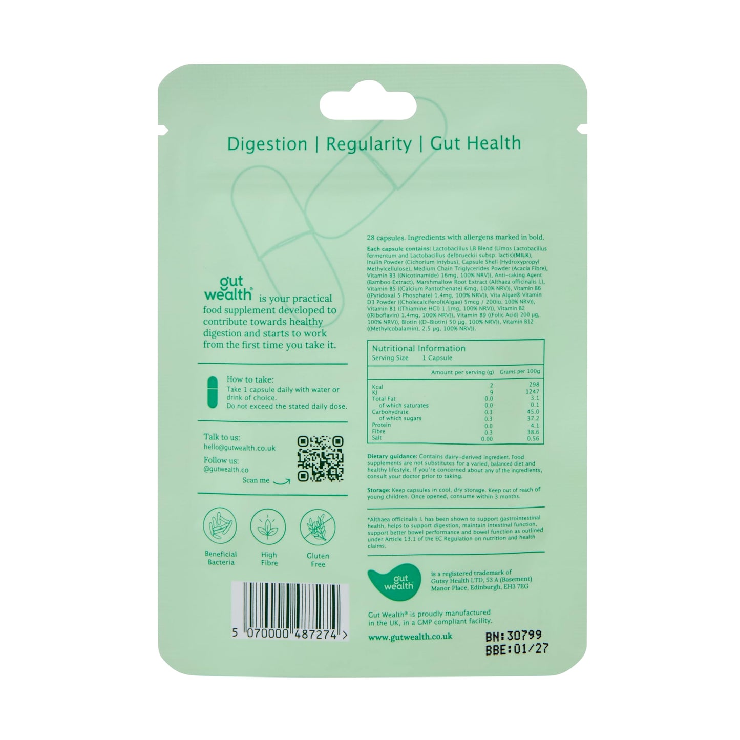 Gut Wealth Daily Postbiotic Capsules for Gut Health Support, 4 Week Pack