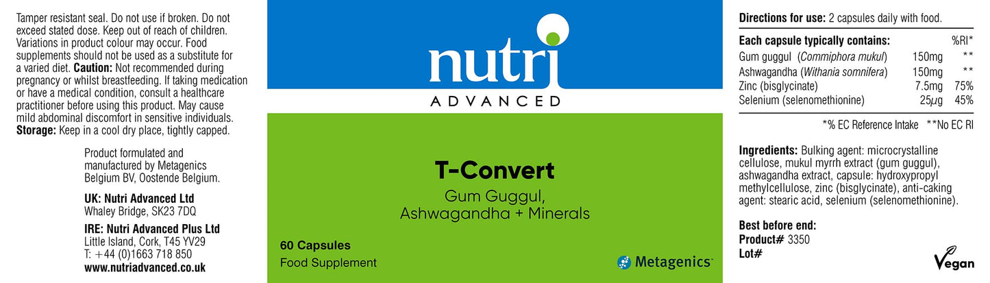Nutri Advanced - T-Convert - Gum Guggul with Ashwagandha, Selenium and Zinc - Healthy Thyroid Hormone Conversion - 60 Capsules