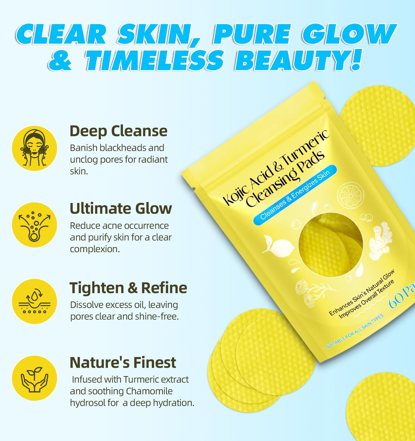 Generic Kojic Acid and Turmeric Pads,Turmeric kojic Acid Pads, Turmeric and Kojic Acid Cleansing Pads for Face, Turmeric Cleansing Pads for Dark spots, Exfoliating, Acne Scars (60 PCS)