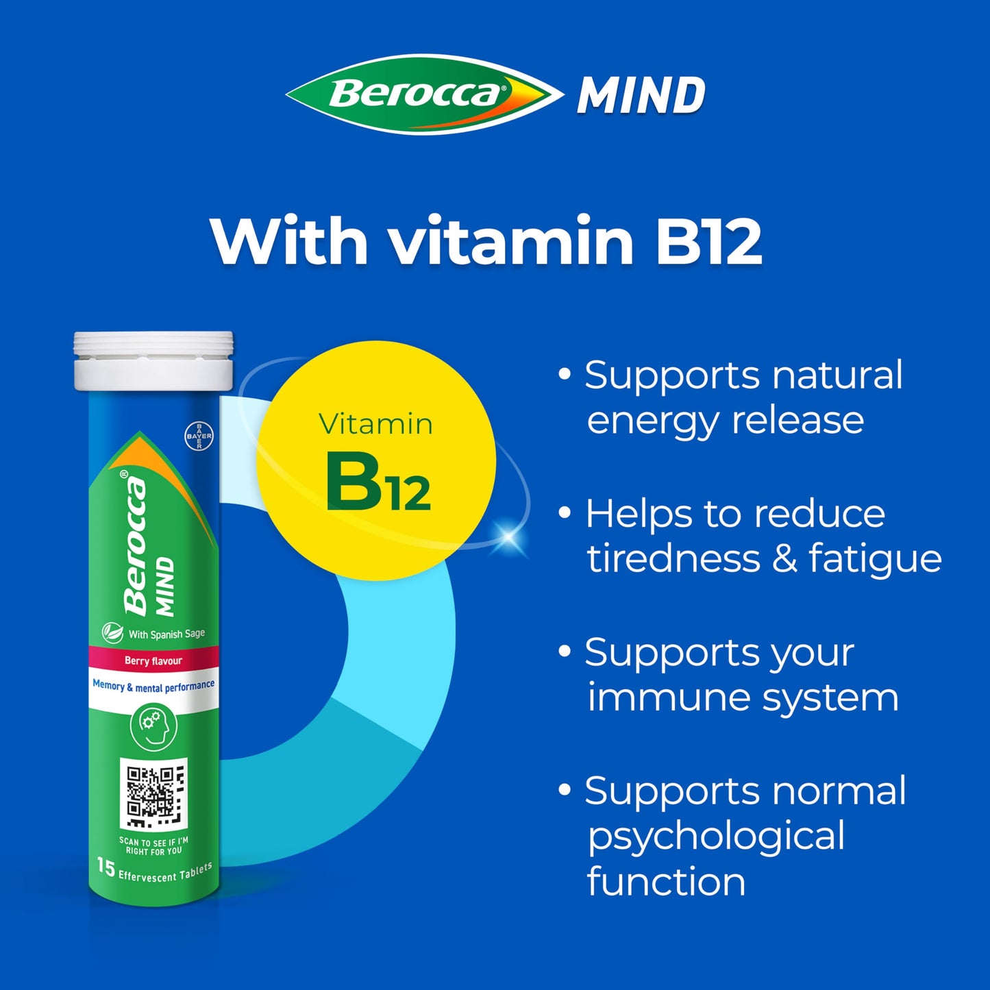 Berocca Mind Effervescent Tablets Including B Vitamins, with Spanish Sage to Support Memory and Mental Performance - 15 Tablets - Berry Flavour
