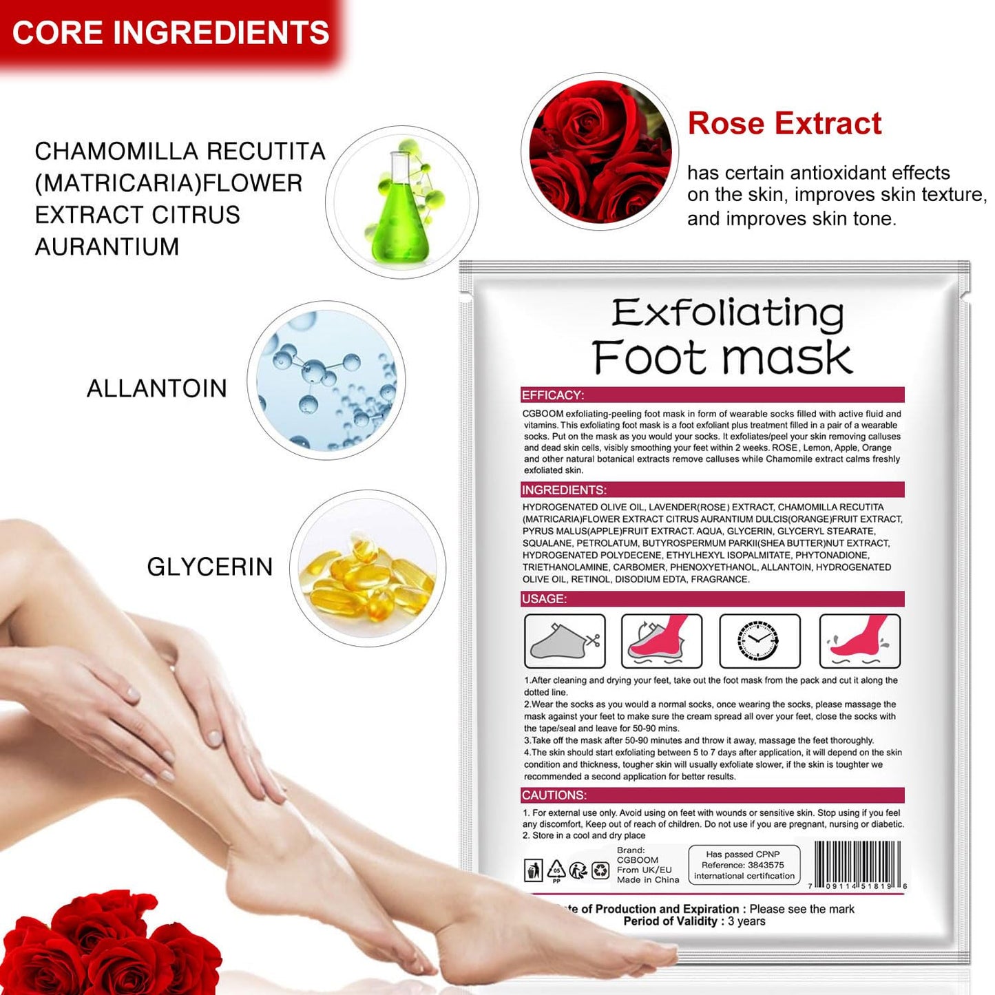 3 Pack Foot Peel Mask,Exfoliating Foot Socks Calluses Remover Dead Skin, Aloe Moisturizing Feet Peeling Mask for Dry Skin,Cracked Heels,Foot SPA Socks for Women and Men (Rose)