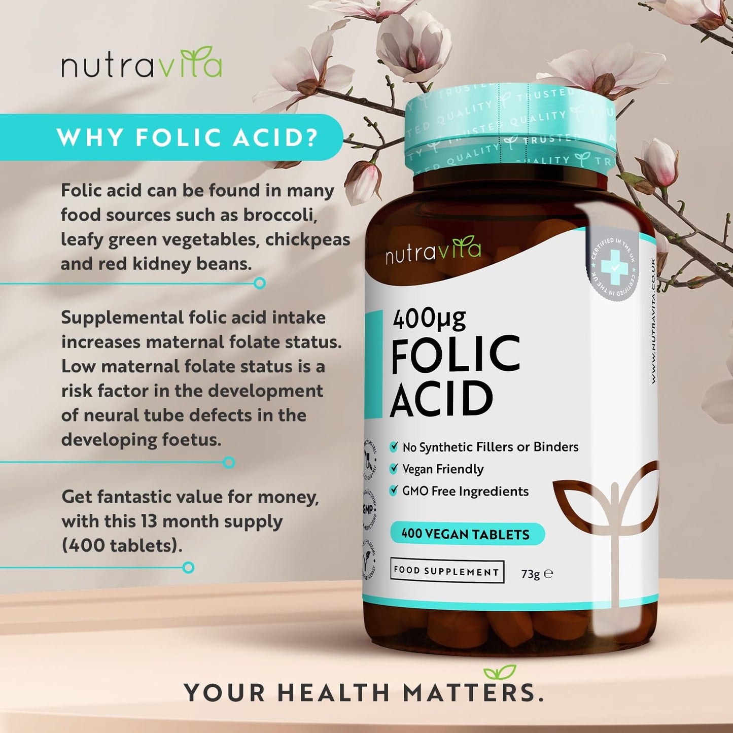 Folic Acid Tablets 400 mcg - 400 Vegan Vitamin B9 Tablets - 13 Month Supply - Pregnancy Care - Normal Function of Immune System & Maternal Tissue Growth During Pregnancy - Made in The UK by Nutravita