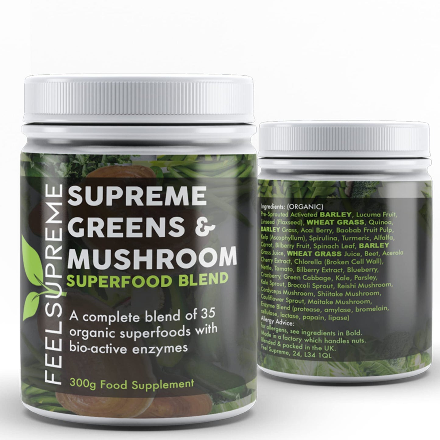 Super Greens Powder with Mushroom Large 300g 35 Nutrient Dense Superfoods 100% Natural No Added Sugar Naturally High in Fibre Protein & Vitamin C Spirulina Turmeric Wheatgrass